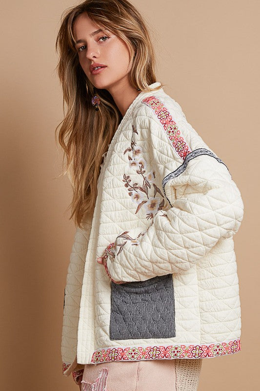 Quilt Embroidered Open Front Long Sleeve Jacket