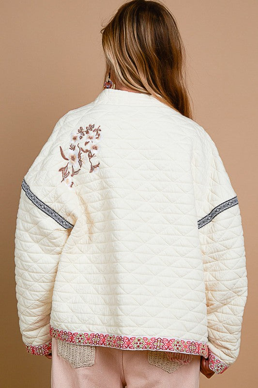 Quilt Embroidered Open Front Long Sleeve Jacket