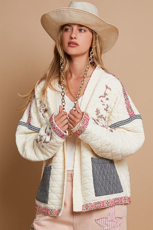 Quilt Embroidered Open Front Long Sleeve Jacket