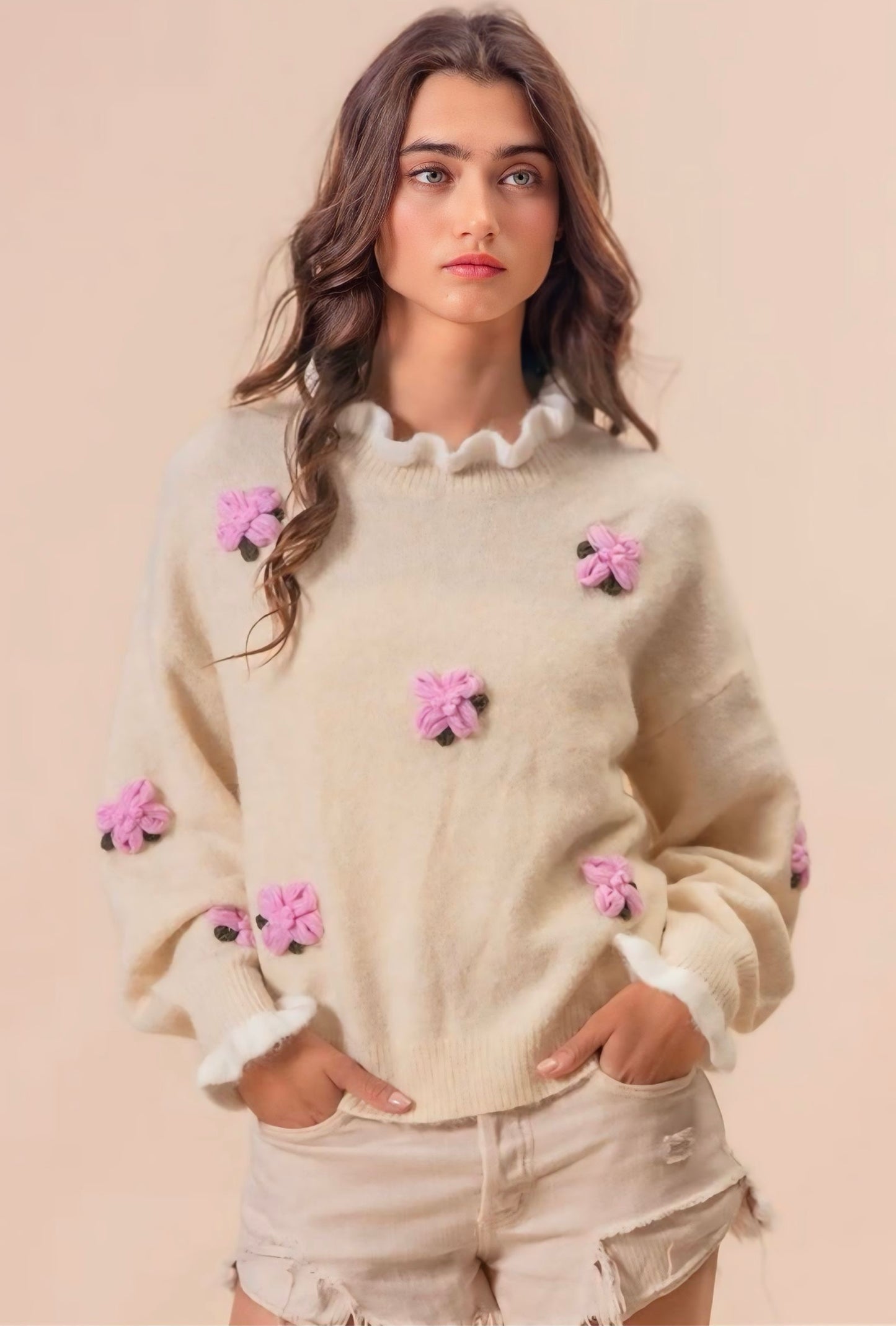 Crochet Flower Dropped Shoulder Sweater