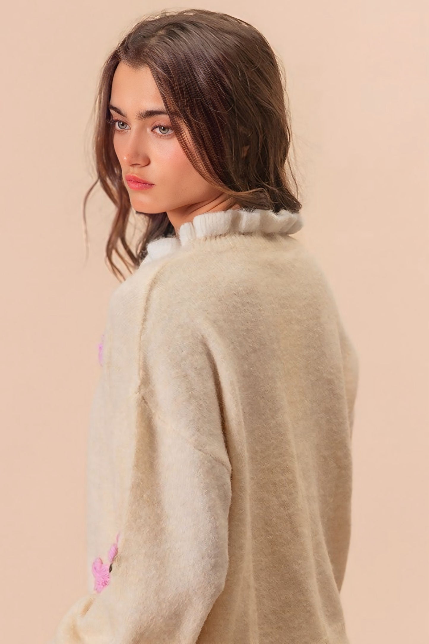 Crochet Flower Dropped Shoulder Sweater