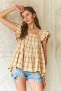 Ruffled Square Neck Cap Sleeve Babydoll Blouse