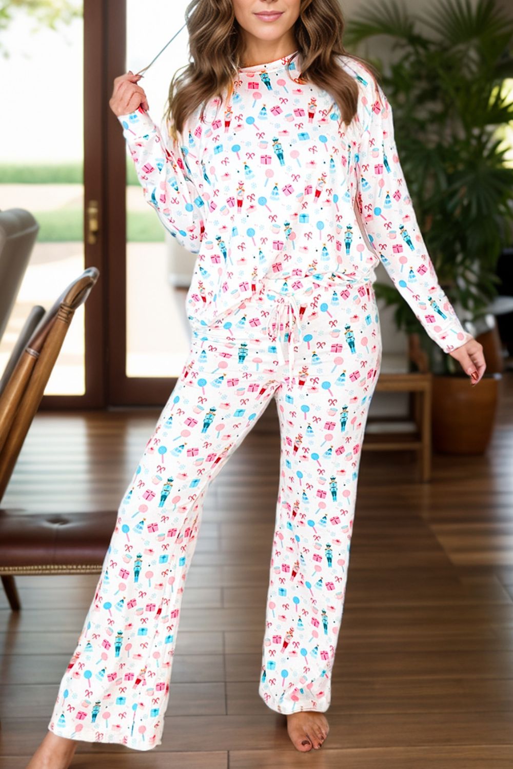 Round Neck Long Sleeve Top and Pants Lounge Set