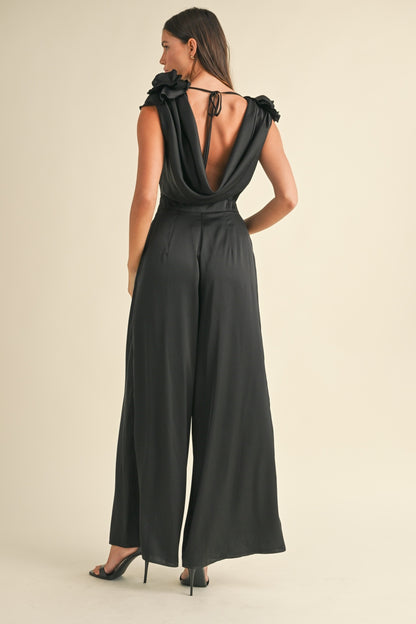 Floral Applique Deep Cowl Neck Jumpsuit