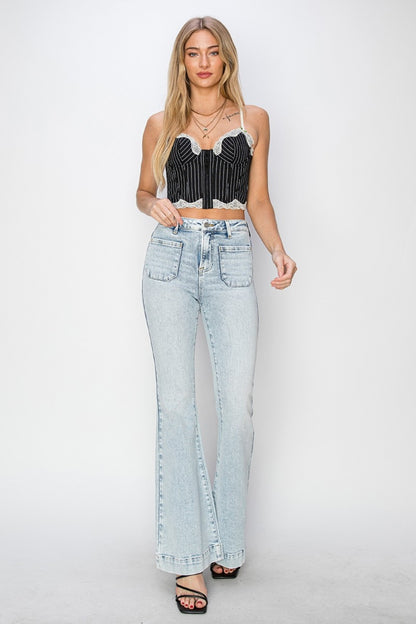 Full Size High Rise Front Patch Pocket Flare Jeans