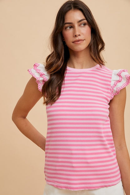 Ruffled Striped Round Neck Cap Sleeve Knit Top