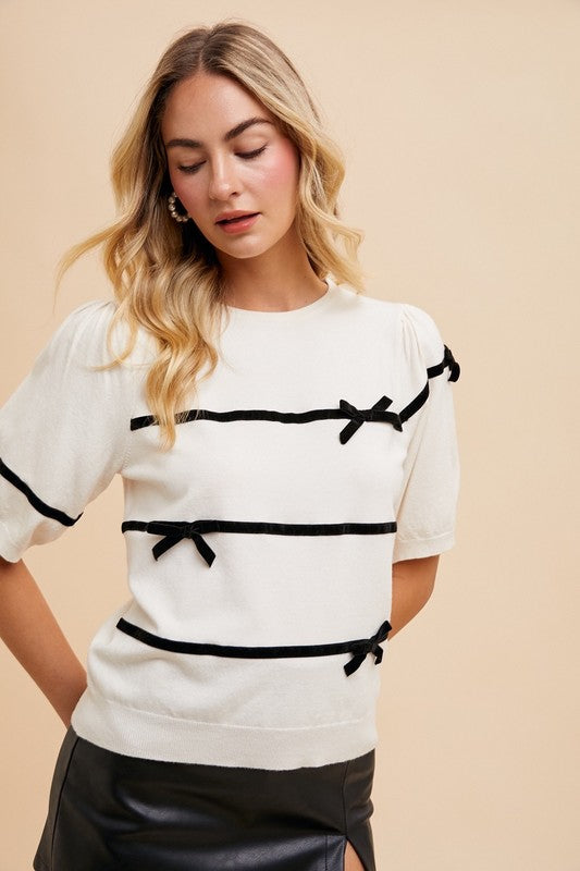 Striped Bow Round Neck Knit Top