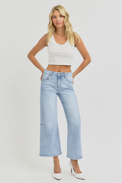 Full Size High Rise Seamed Detail Wide Leg Crop Jeans