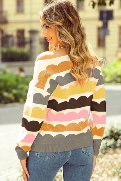 Rose Red Wave Striped Balloon Sleeve Drop Sweater