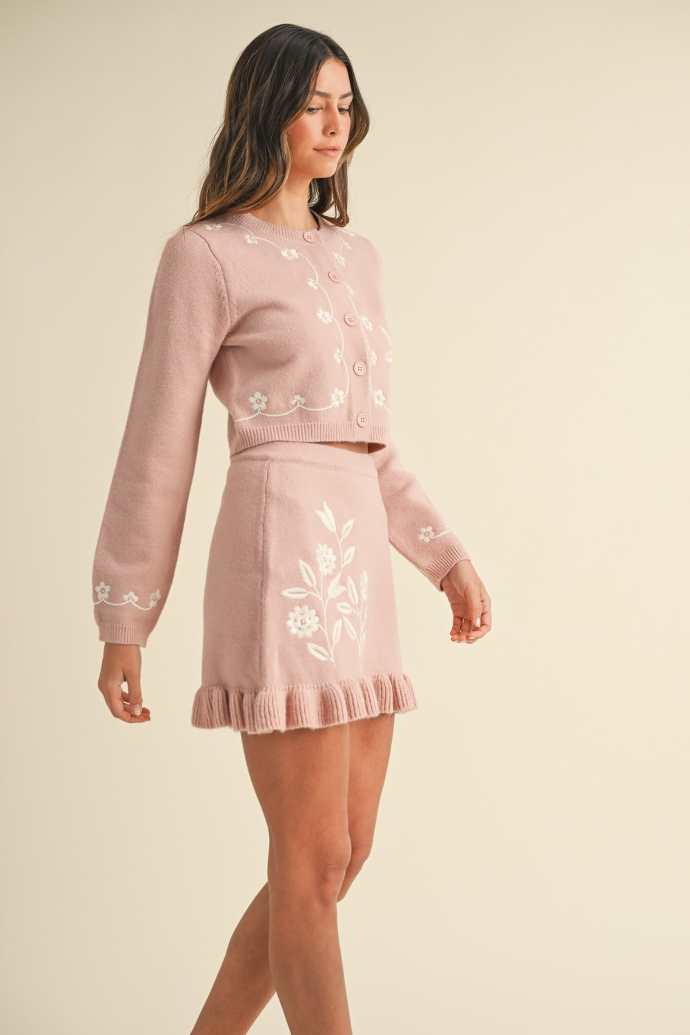 Floral Embroidered Cardigan and Ruffled Mini Skirt Set