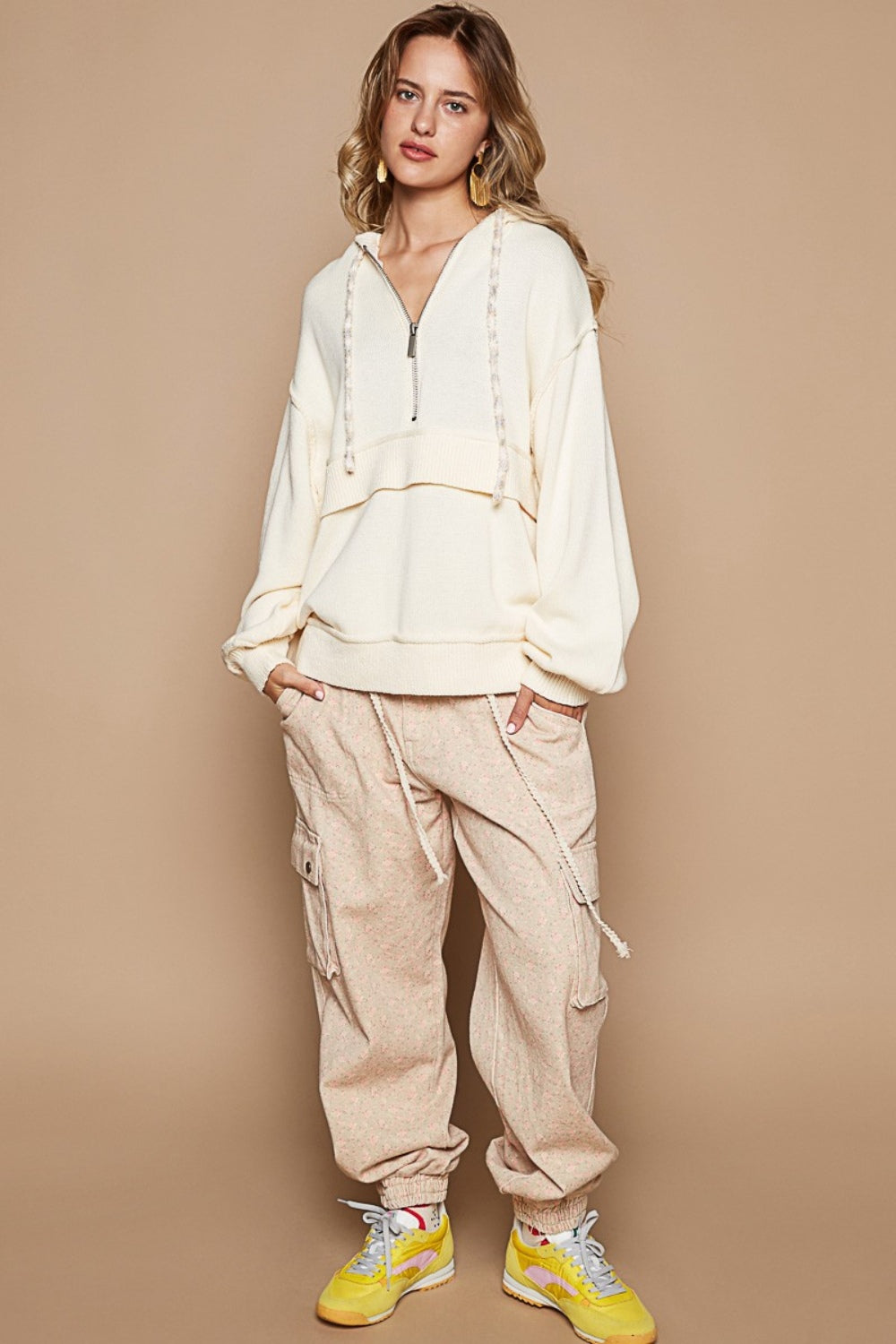 Half Zip Drop Shoulder Hooded Sweater