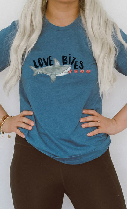 Love Bites Heart Eating Shark Graphic Tee