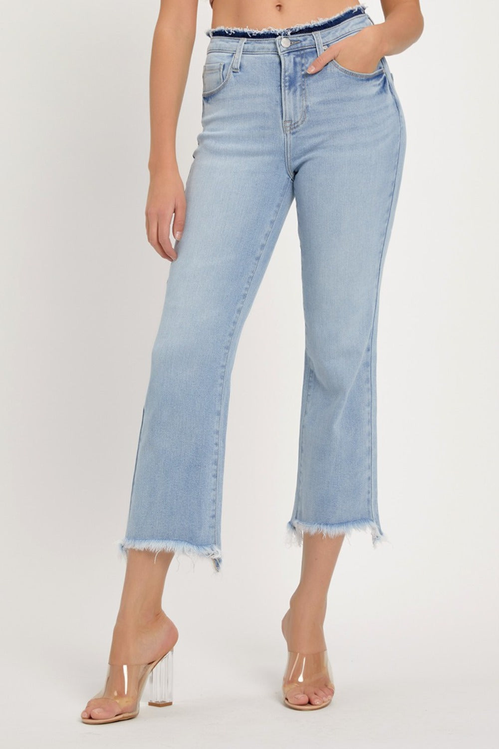 Full Size High Rise Raw Edge Crop Jeans