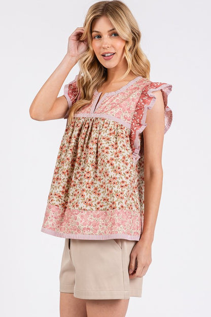 Floral Notched Ruffled Cap Sleeve Blouse