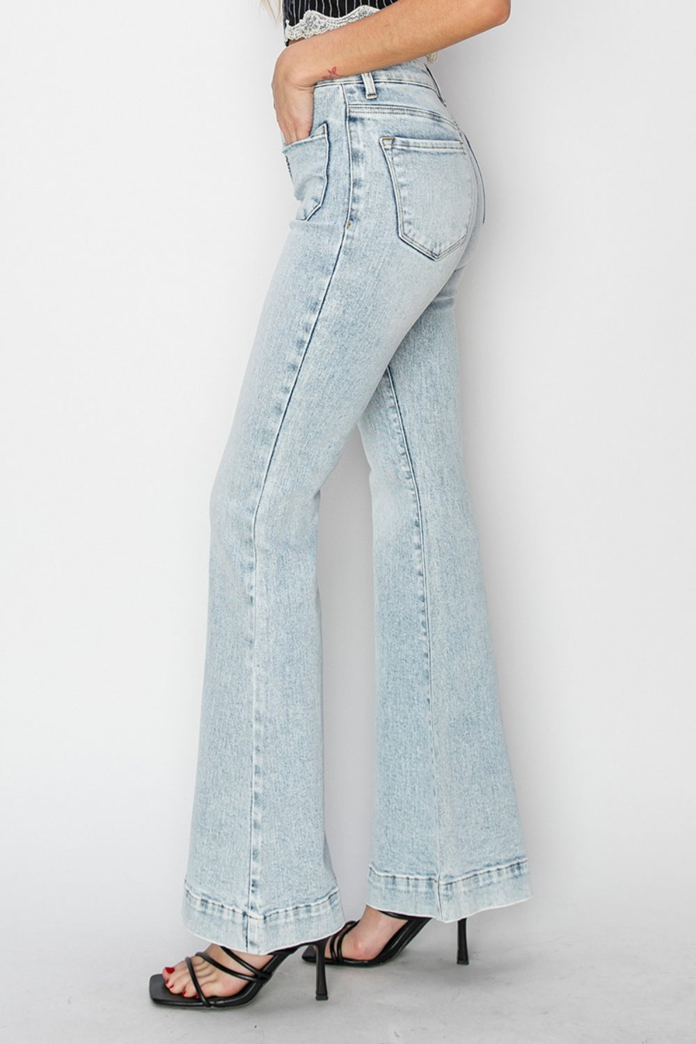Full Size High Rise Front Patch Pocket Flare Jeans
