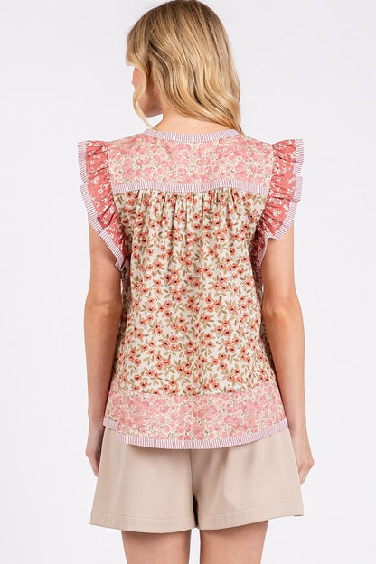 Floral Notched Ruffled Cap Sleeve Blouse