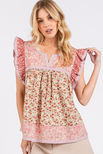 Floral Notched Ruffled Cap Sleeve Blouse