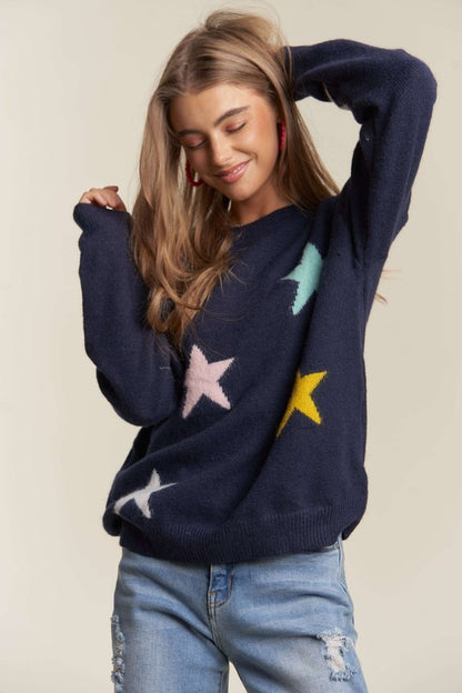 Stars Pattern Round Neck Drop Shoulder Sweater