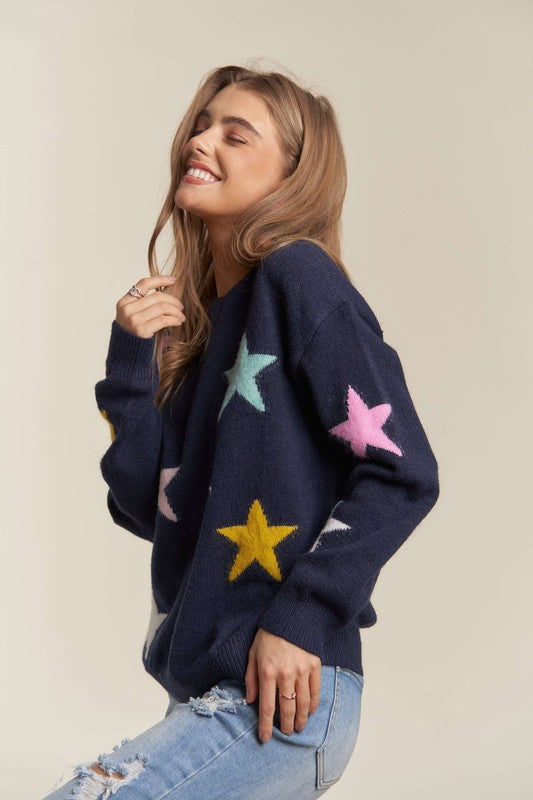 Stars Pattern Round Neck Drop Shoulder Sweater