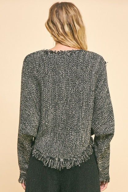 Fringe Hem Overlapping Asymmetrical Crop Sweater