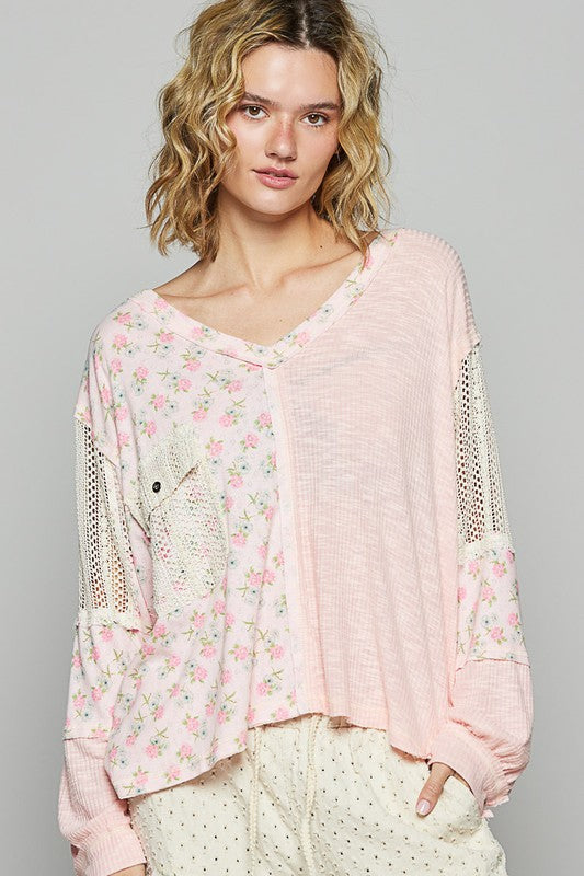 Floral Crochet Patch V-Neck Top