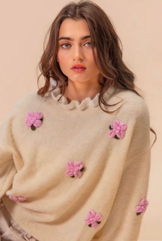 Crochet Flower Dropped Shoulder Sweater