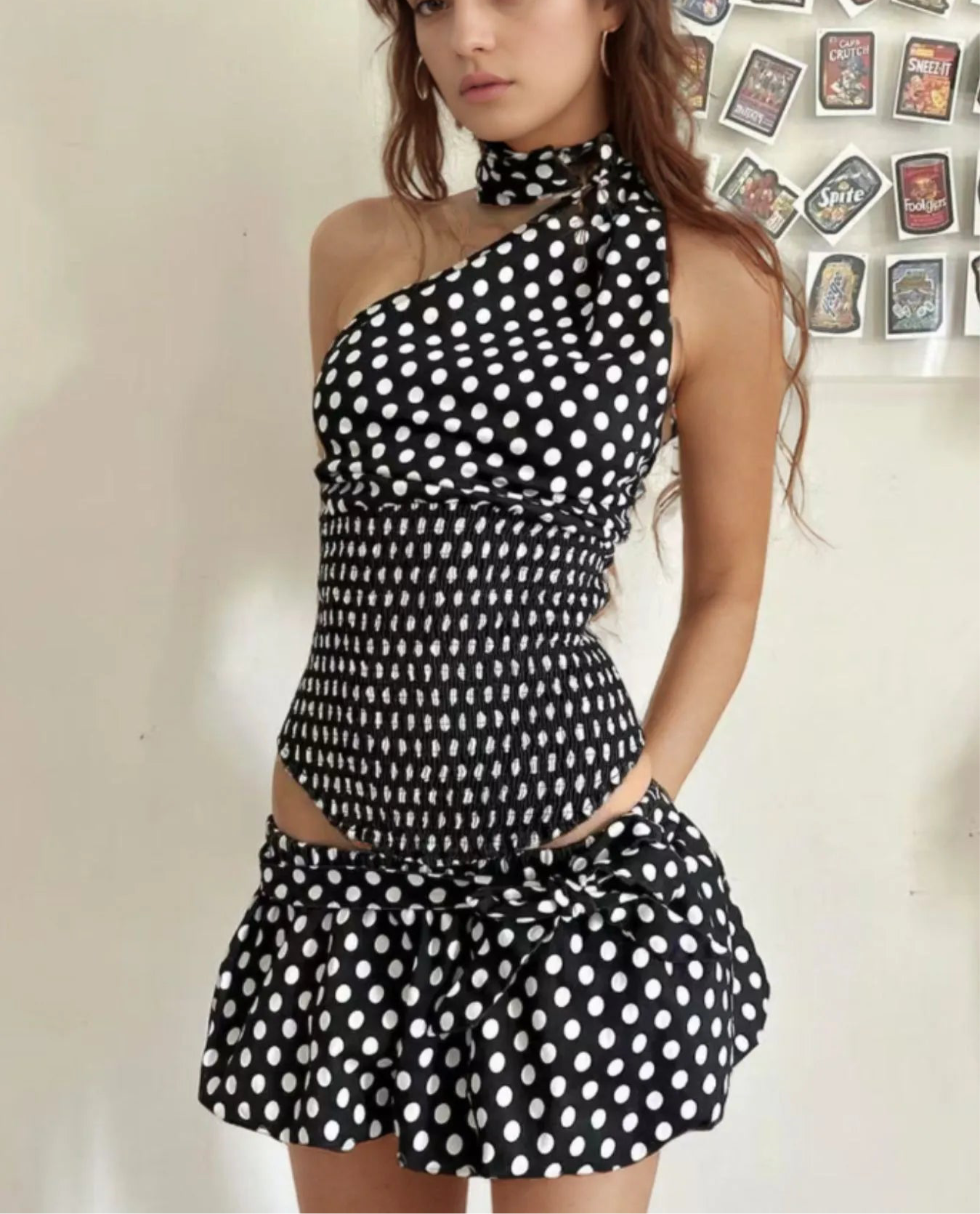 Polka Dot One-Shoulder Top and Mini Skirt Set