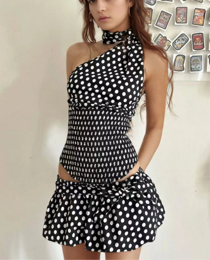 Polka Dot One-Shoulder Top and Mini Skirt Set