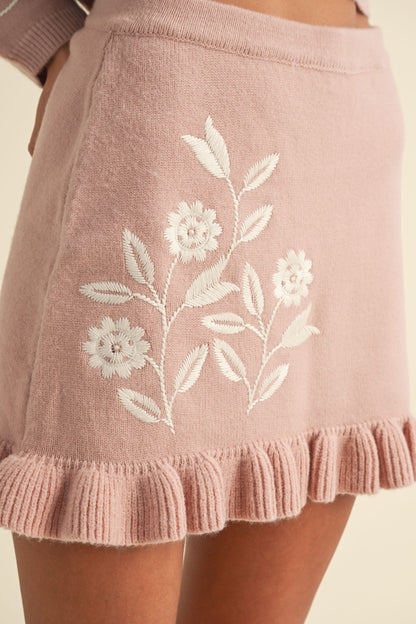 Floral Embroidered Cardigan and Ruffled Mini Skirt Set