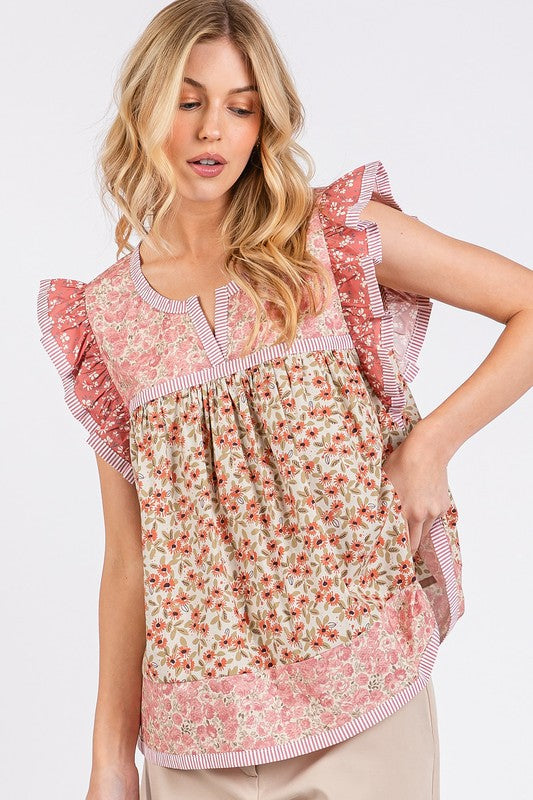 Floral Notched Ruffled Cap Sleeve Blouse