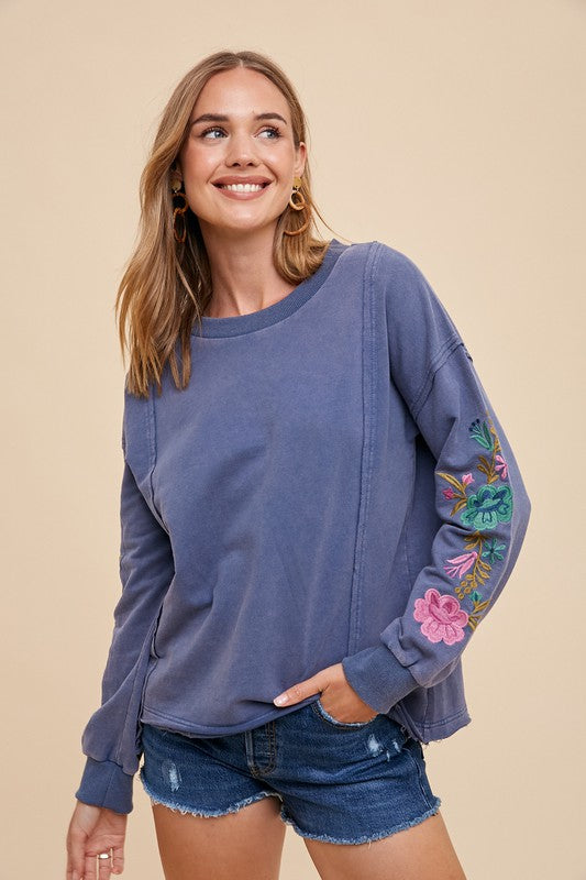 Embroidered Long Sleeve French Terry Top