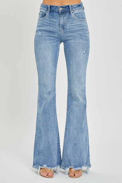 Full Size High Rise Frayed Hem Flare Jeans