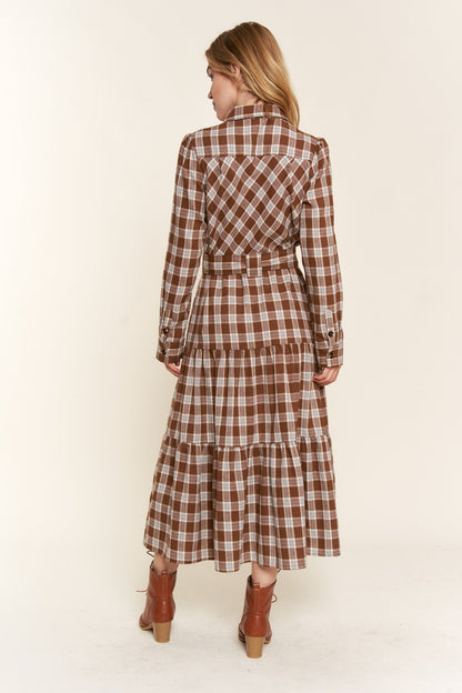 Plaid Tiered Midi Shirt Dress