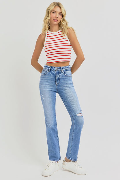 Distressed High-Rise Ankle Straight Jeans