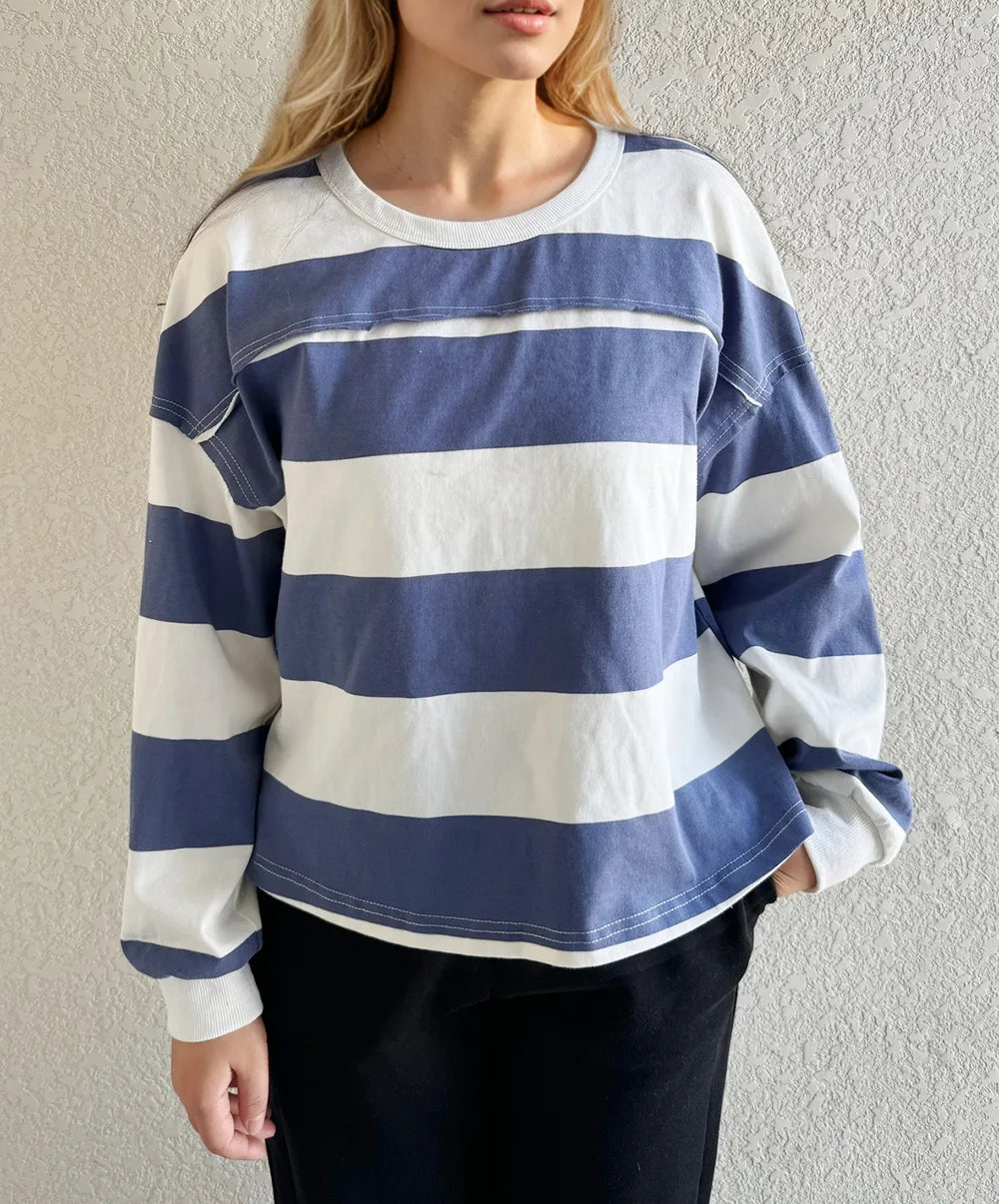 Cotton Wash Exposed Seam Contrast Striped Round Neck Long Sleeve T-Shirt
