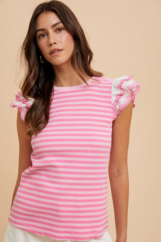 Ruffled Striped Round Neck Cap Sleeve Knit Top