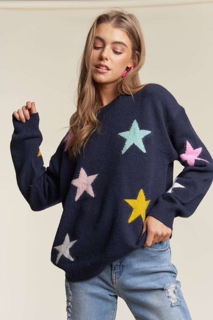 Stars Pattern Round Neck Drop Shoulder Sweater