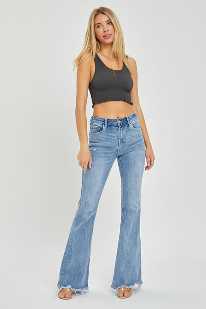 Full Size High Rise Frayed Hem Flare Jeans