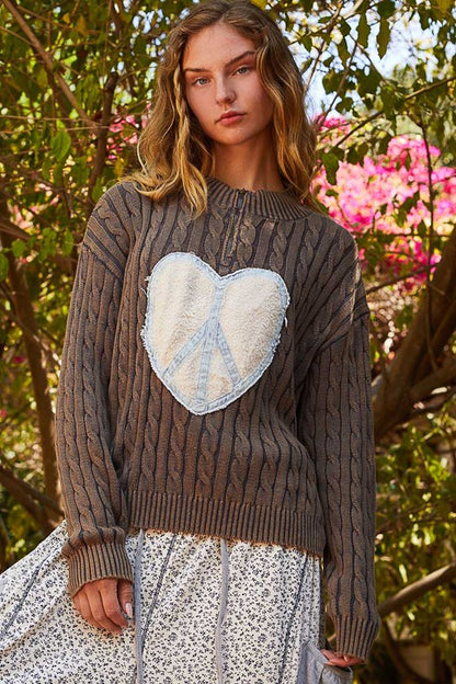 Cable-Knit Peace Patch Dropped Shoulder Sweater