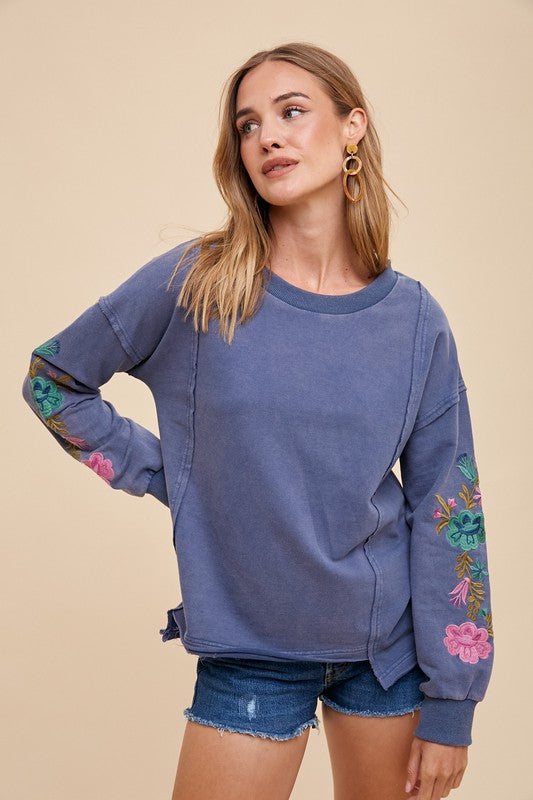 Embroidered Long Sleeve French Terry Top