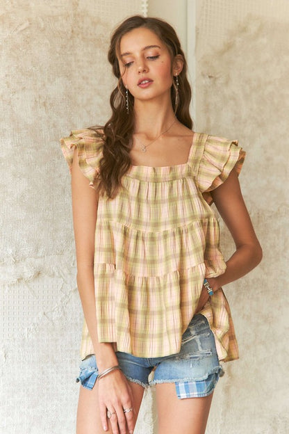 Ruffled Square Neck Cap Sleeve Babydoll Blouse