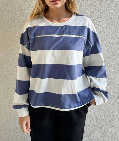 Cotton Wash Exposed Seam Contrast Striped Round Neck Long Sleeve T-Shirt