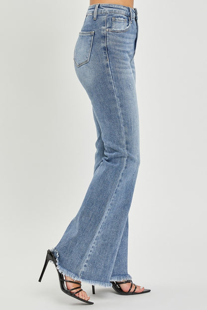 Full Size High Waist Raw Hem Flare Jeans