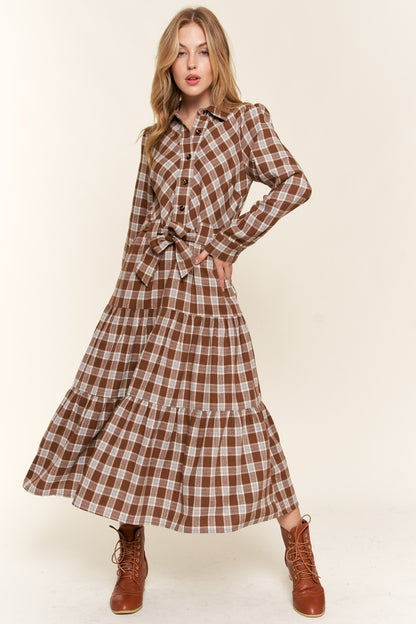 Plaid Tiered Midi Shirt Dress