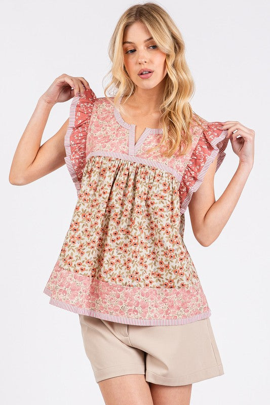 Floral Notched Ruffled Cap Sleeve Blouse