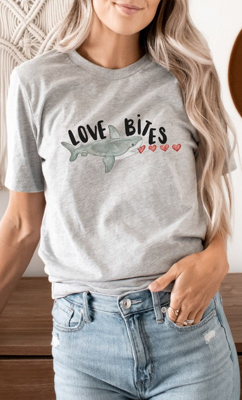 Love Bites Heart Eating Shark Graphic Tee