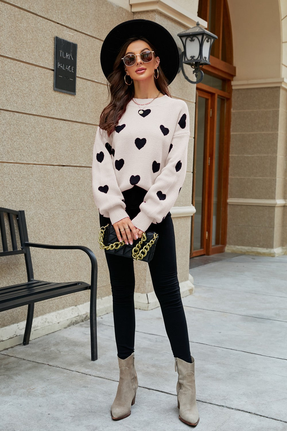 Heart Pattern Lantern Sleeve Round Neck Tunic Sweater