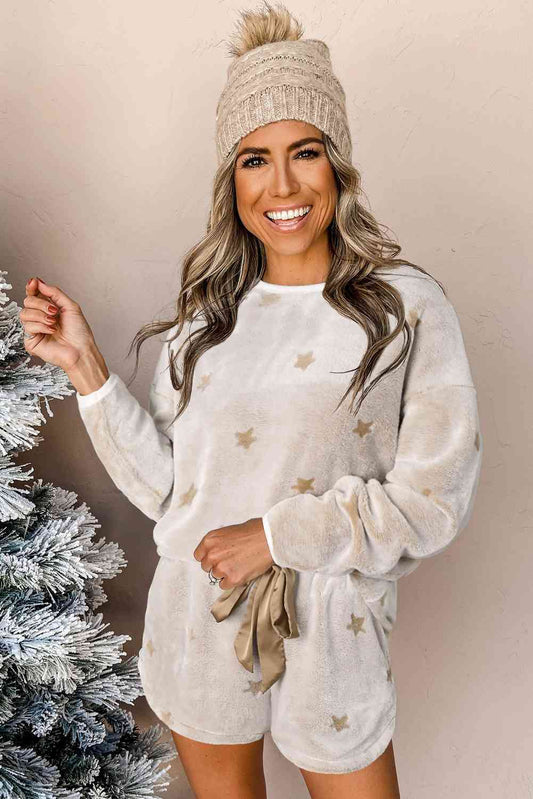 Fuzzy Star Print Top and Shorts Lounge Set