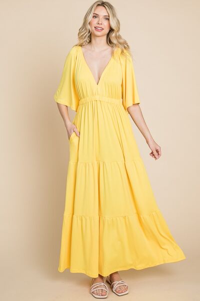 Yellow Horizon Half Sleeve Tiered Dress